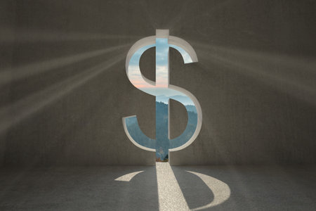 Minimalist flat art is showing dollar sign cutout in concrete room, casting mountains with sunbeams. Modern, abstract, geometric, serene, scenic, architectural, naturalの写真素材