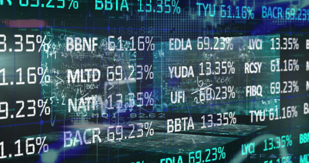 Floating stock tickers and percentages dancing over laptop screen in trading setup, teal grids....