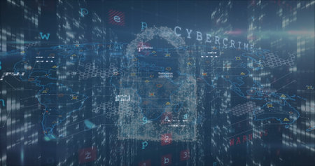 Floating padlock icon glowing over world map grid, highlighting hexagonal nodes and CYBERCRIME text....