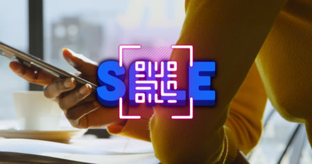 Woman in yellow top holding smartphone at desk by window, with neon QR code spelling SCAN. Technology, communication, urban, modern, productivity, digital, innovationの写真素材