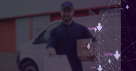 Delivery driver in uniform holding package in front of white van by garage, with digital overlay....