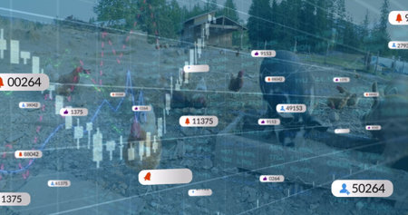Chickens pecking gravel in yard by pine trees, with coop financial overlays and notification icons....