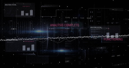 Digital analysis interface showing ANALYSIS COMPLETE text in grid, with waveform and chart overlays. Futuristic, technology, virtual, holographic, data, insight, interfaceの写真素材