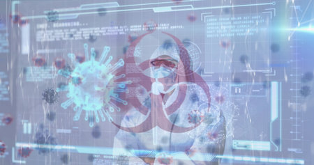 Man in hazmat suit crossing arms in lab interface, with virus models and biohazard overlay....