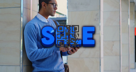 Leaning man using smartphone at metro station with shoulder bag, SE, QR code overlay, copy space. Urban, technology, modern, commuter, digital, transportation, professionalの写真素材