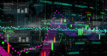 Displaying multicolored candlestick and dotted trend charts on trading dashboard, with world map. Finance, analytics, technology, dashboard, data, investment, digitalの写真素材