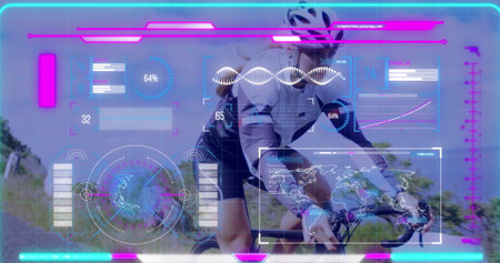 Riding cyclist wearing white helmet jersey leaning on handlebars on rural road with data overlays....