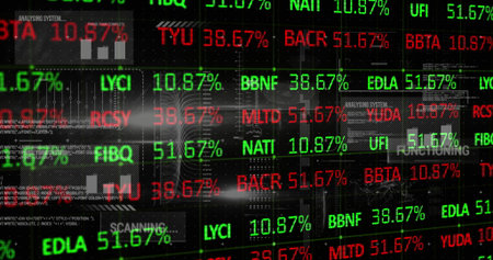 Displaying interface scrolling ticker symbols on virtual control panel, with colored percentages....
