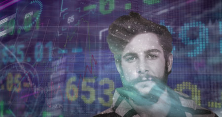 bearded man in plaid shirt scanning charts in trading interface, with floating data, copy space....