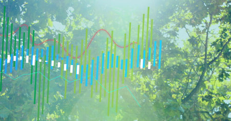 Displaying transparent data visualization under tree canopy, with multicolored bars and line graphs....