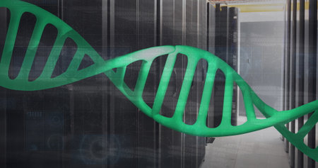 Displaying green DNA helix twisting across data corridor, with network cables, rack-mounted servers....