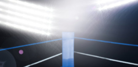 Flat design showing blue padded ring corner post with tri-color ropes under lights with lens flares. Athletic, competition, intensity, modern, dynamic, power, trainingの写真素材