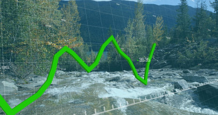 Showing bright green jagged line graph overlaying mountain stream in fall with digital grid labels....