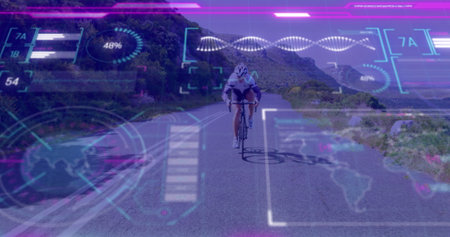 Riding female cyclist navigating curved mountain road, displaying holographic AR graphics overlay. Advanced, wearable, technology, outdoor, adventure, futuristic, athleticの写真素材