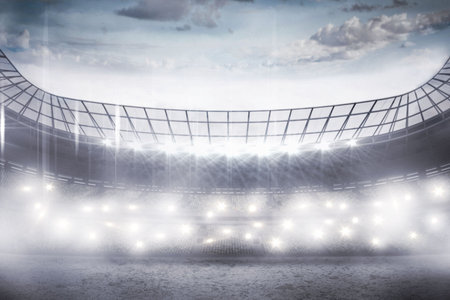 Flat design stadium interior is glowing with floodlights showing misty field, beams and cloudy sky. Architecture, illumination, arena, atmospheric, dramatic, modern, sportsの写真素材