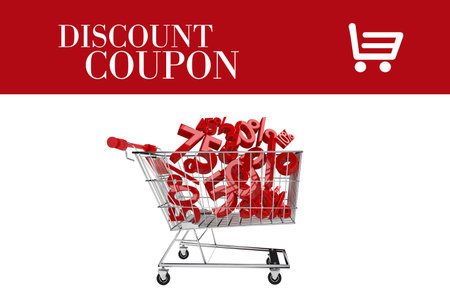 3D promo graphic is showing metallic cart filled with red 3D discount numbers under red banner. Promotional, marketing, advertising, modern, vibrant, commerce, ecommerceの写真素材