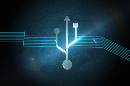 Metallic USB icon with neon blue circuit traces and light flare is glowing in 3D render. Technology,...