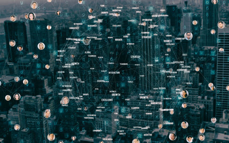 Double exposure of connecting people icons with cityscape at night background