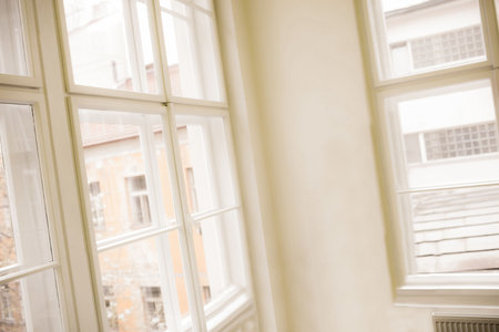 Flat design illustration is showing bright room with multi-pane white window wall and radiator. Architecture, interior, daylight, urban, modern, minimalism, renovationの写真素材