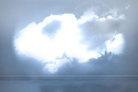 Bright white cloud formation is hovering over calm ocean in watercolor style illustration....