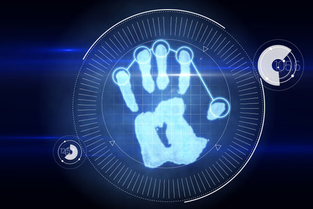 Digital security hand print scan in blue and blackの写真素材