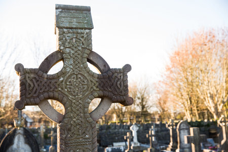 Cemetary by trees against skyの写真素材