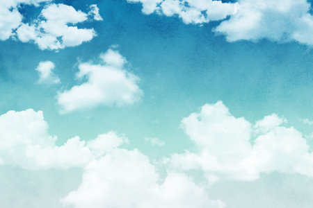 Flat design sky graphic is featuring gradient blue background and fluffy cumulus clouds spreading. Aerial, atmospheric, tranquil, scenic, minimalistic, peaceful, naturalの写真素材