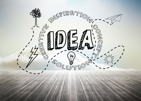 Idea graphic over floorboards in skyの写真素材