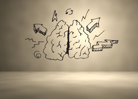 Line art black brain doodle is being shown on beige wall with spotlight, arrows, copy space. Line art, neuroscience, creativity, innovation, conceptual, modern, abstractの写真素材