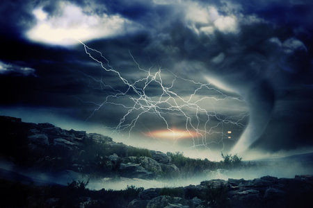 Digitally generated stormy sky with tornado over landscape