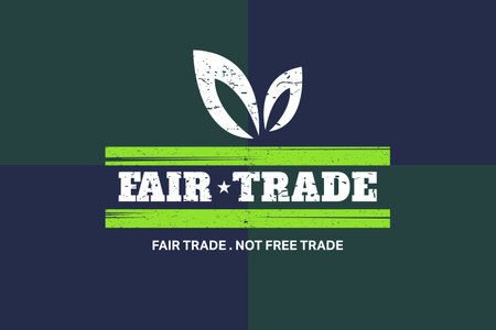 Flat design is showing white leaf icon, FAIR TRADE text, green stripes on green-blue backdrop. Eco friendly, sustainability, ethical sourcing, corporate social responsibility, environmental awareness, modern design, brandingの写真素材