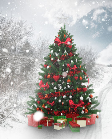 Christmas tree in snowy forestの写真素材