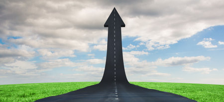 Arrow road on grassy field against cloudy sky