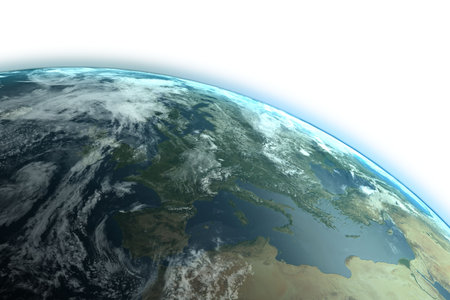 Digitally composite image of Earth against white backgroundの写真素材