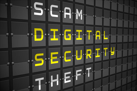 Digital security buzzwords on digitally generated black mechanical boardの写真素材