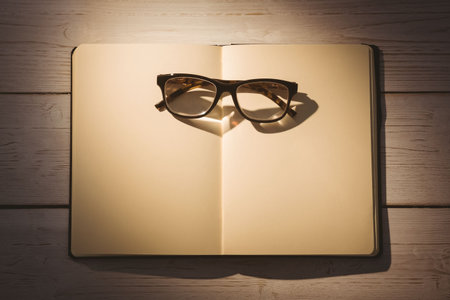 Directly above shot of eyeglasses on blank book at desk