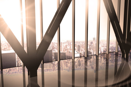 Room with large window looking on cityの写真素材