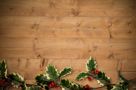 Holly twigs over wooden planks with copy spaceの写真素材
