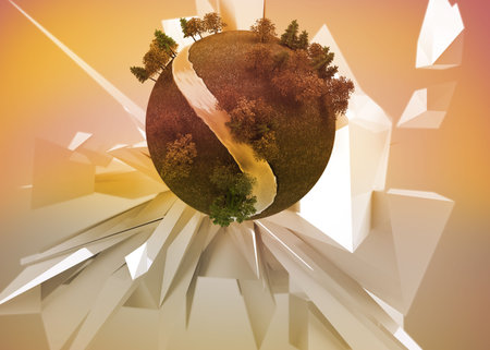 Digitally generated earth floating before abstract backgroundの写真素材