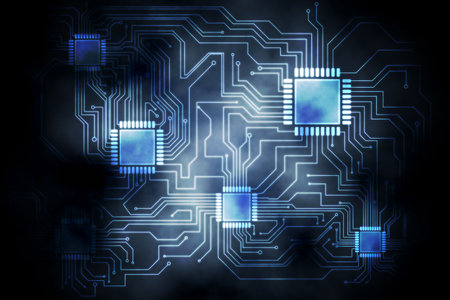 Glowing blue microchips and circuit traces are forming in stylized illustration with dark backdrop....