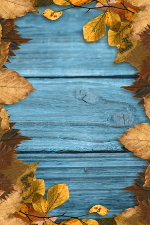 Blue painted wooden planks are sitting in flat design with yellow and brown leaves around edges....