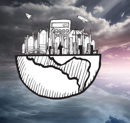 Halved world graphic on colourful skyの写真素材