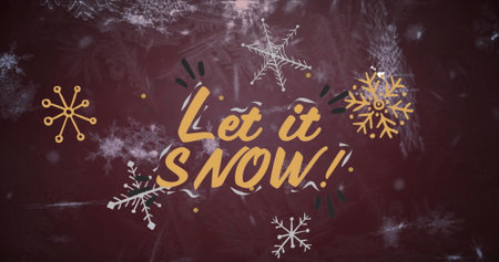 Showcasing brush-style Let it SNOW! lettering on burgundy chalkboard, with white gold snowflakes. Winter, holiday, festive, seasonal, typography, graphic, decorativeの写真素材