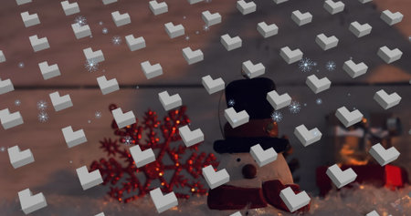 Featuring snowman wearing black top hat and red scarf on windowsill, illuminated snowflake and gift. Festive, winter, holiday, decoration, cozy, celebration, illuminationの写真素材