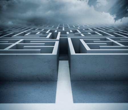 Digitally generated big 3d maze under cloudsの写真素材