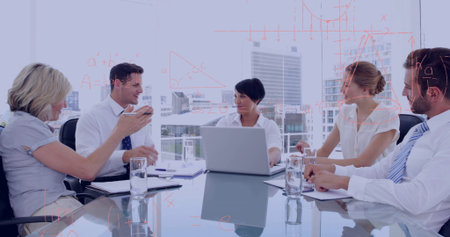 Debating professionals in business attire reviewing plan in conference room with laptop. Collaboration, teamwork, corporate, strategy, innovation, modern, skylineの写真素材