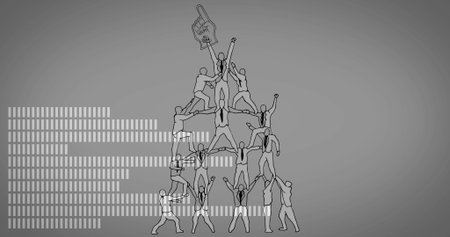 Corporate team in suits and ties climbing pyramid on gray backdrop, with foam finger and bars. Team, leadership, achievement, collaboration, strategy, success, innovationの写真素材