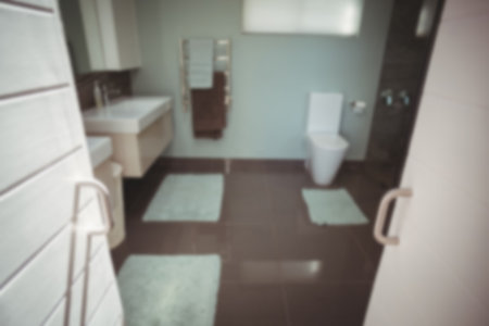 Interior of domestic bathroom seen through open door at homeの写真素材