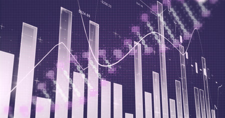 Displaying data chart weaving white line over bars on purple grid, with magenta pixels and labels....
