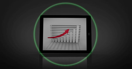 Showing tablet displaying 3D bar chart with red upward arrow in dark studio, glowing green ring. Technology, analytics, data visualization, innovation, futuristic, corporate, minimalisticの写真素材